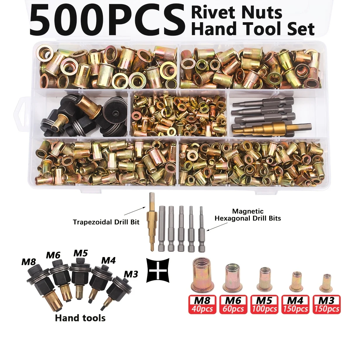 500pcs Rivet Nut Tool Set, M3 M4 M5 M6 M8 Rivet Head Adapter with Matching Rivet Nuts and 1 Step Drill Bit