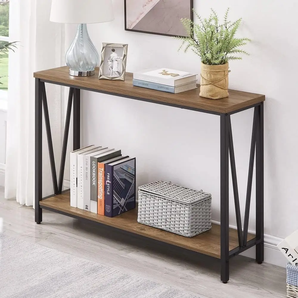 Narrow Fluted Console Table with Drawers and Shelves for Entryway and Behind Couch