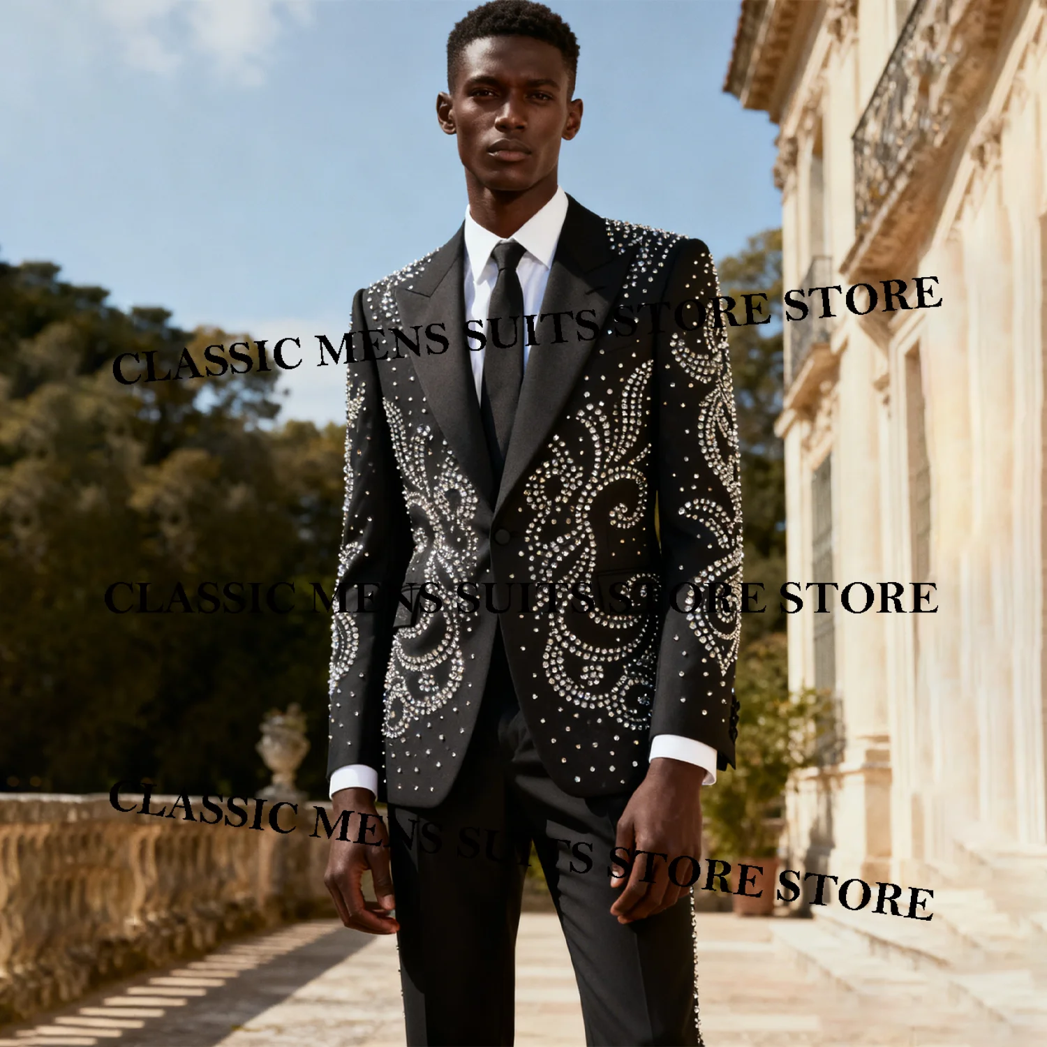 

Fashion Metallic Jewelry Ornament Tuxedo Men Suits 2 Piece Customized Wedding Groom Male Prom Blazer Slim Party Ternos Completo