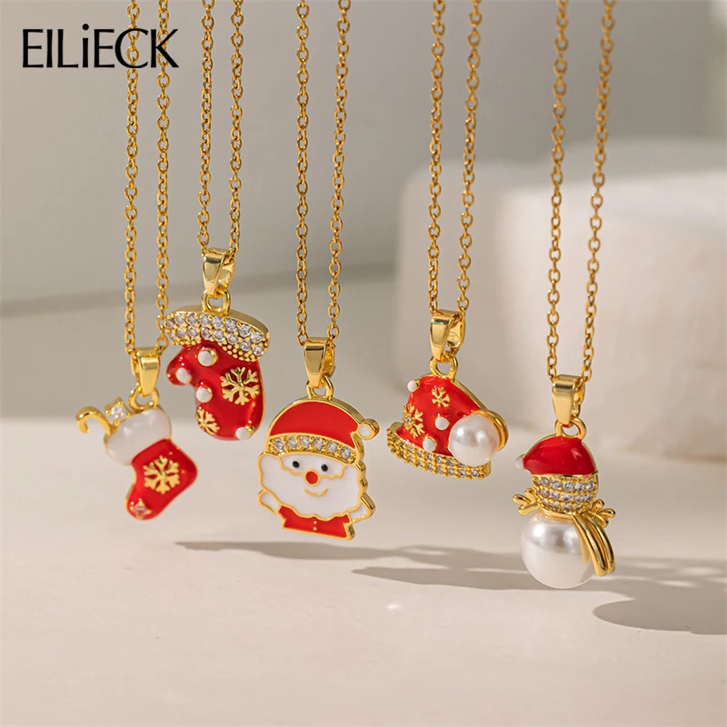 EILIECK 316L Stainless Steel Christmas Pendant Necklace For Women Fashion New Santa Claus Sock Gloves Neck Chain Jewelry Gift