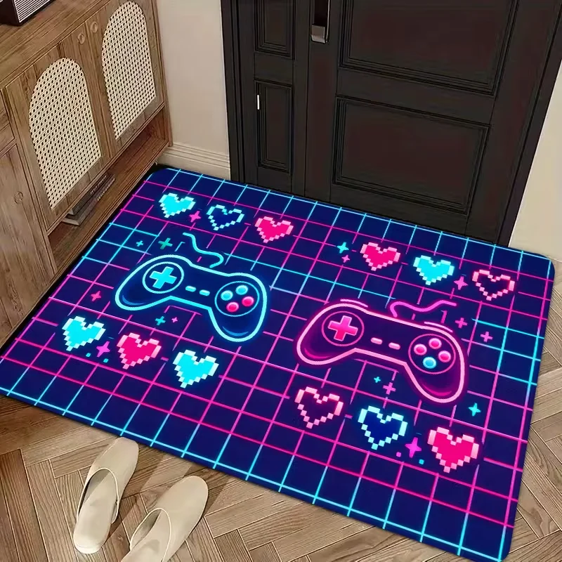 Neon Pixel Game Controller Heart Grid Print Doormat Anti Slip Floor Mat Gamer Y2K Style Front Entrance Mat
