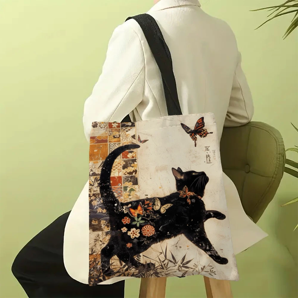 Canvas Bag Canvas Crossbody Bag Butterfly Cat Pattern Bag High-Definition Digital Printed Shopping Bag Environmentally Friendly