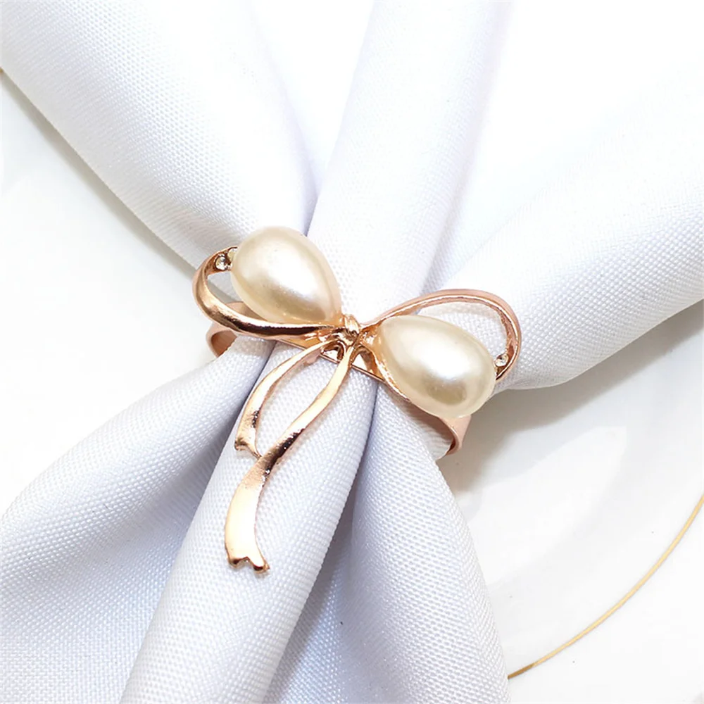 Rose gold napkin rings, 6pcs, com pérolas, para o banquete de casamento, festa em casa, mesa de jantar decoração, erp34