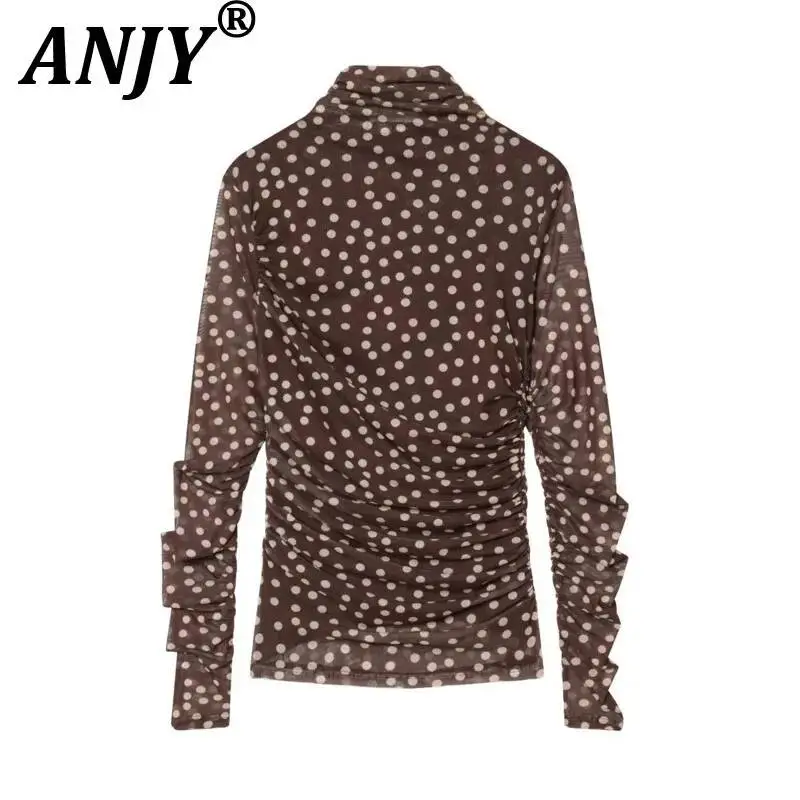 

ANJY 2026 New Spring Woman Fashionable Elegant Half-High Collar Polka Dot Print Slim Fit T-Shirts Niche Chic Casual Tops A23693