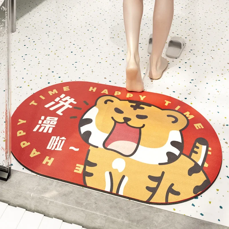 Bathroom Mat Cartoon Tiger Year Red Water-absorbent Floor Mats Household Bathroom Quick Dry Foot Mats Rubber Non-slip Door Mats