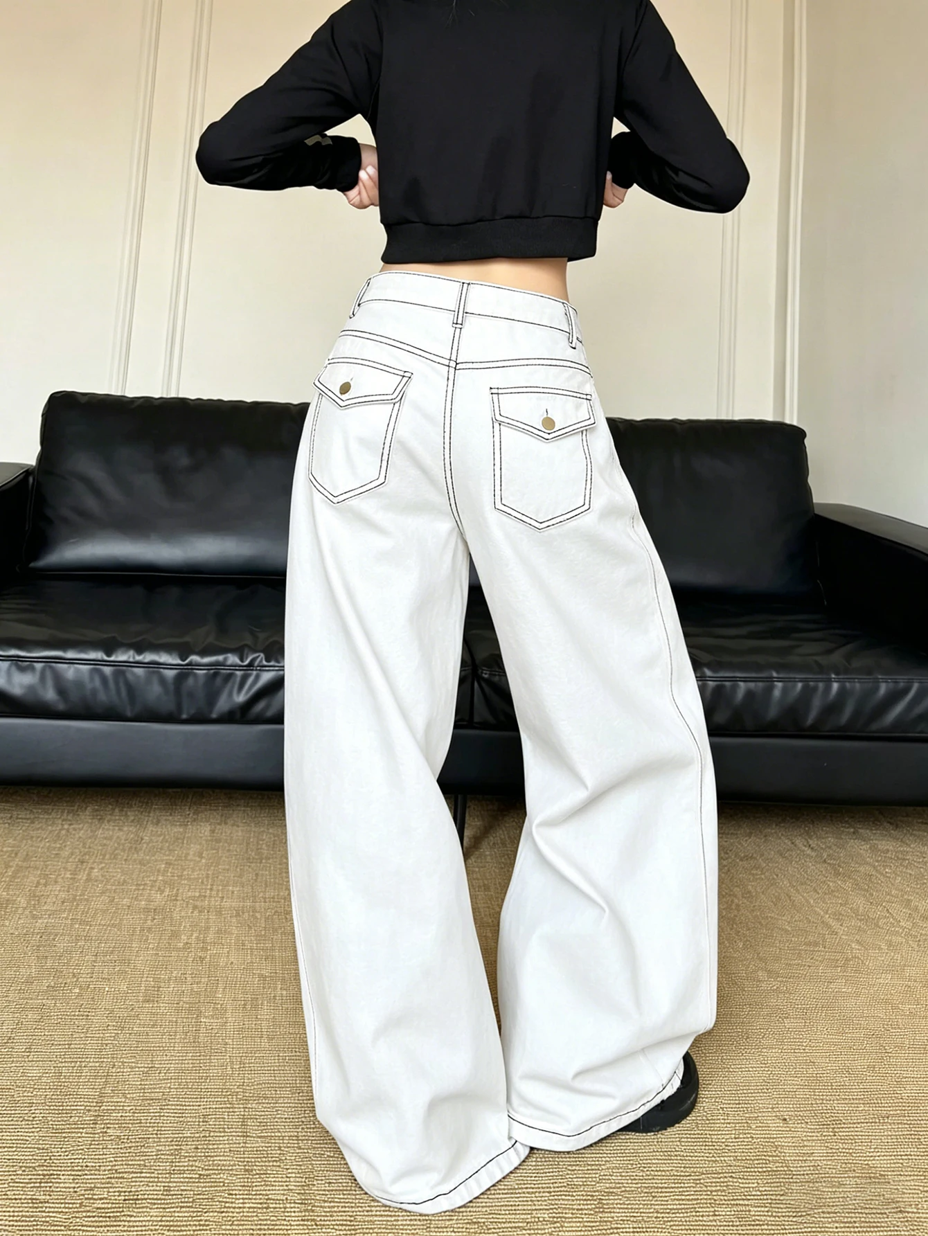 Young Women Spring Autumn Mid Waist Wide Leg Casual Trendy Jeans Flap Patch Pocket Stitch Craft Soft Denim Daily Versatile Pants