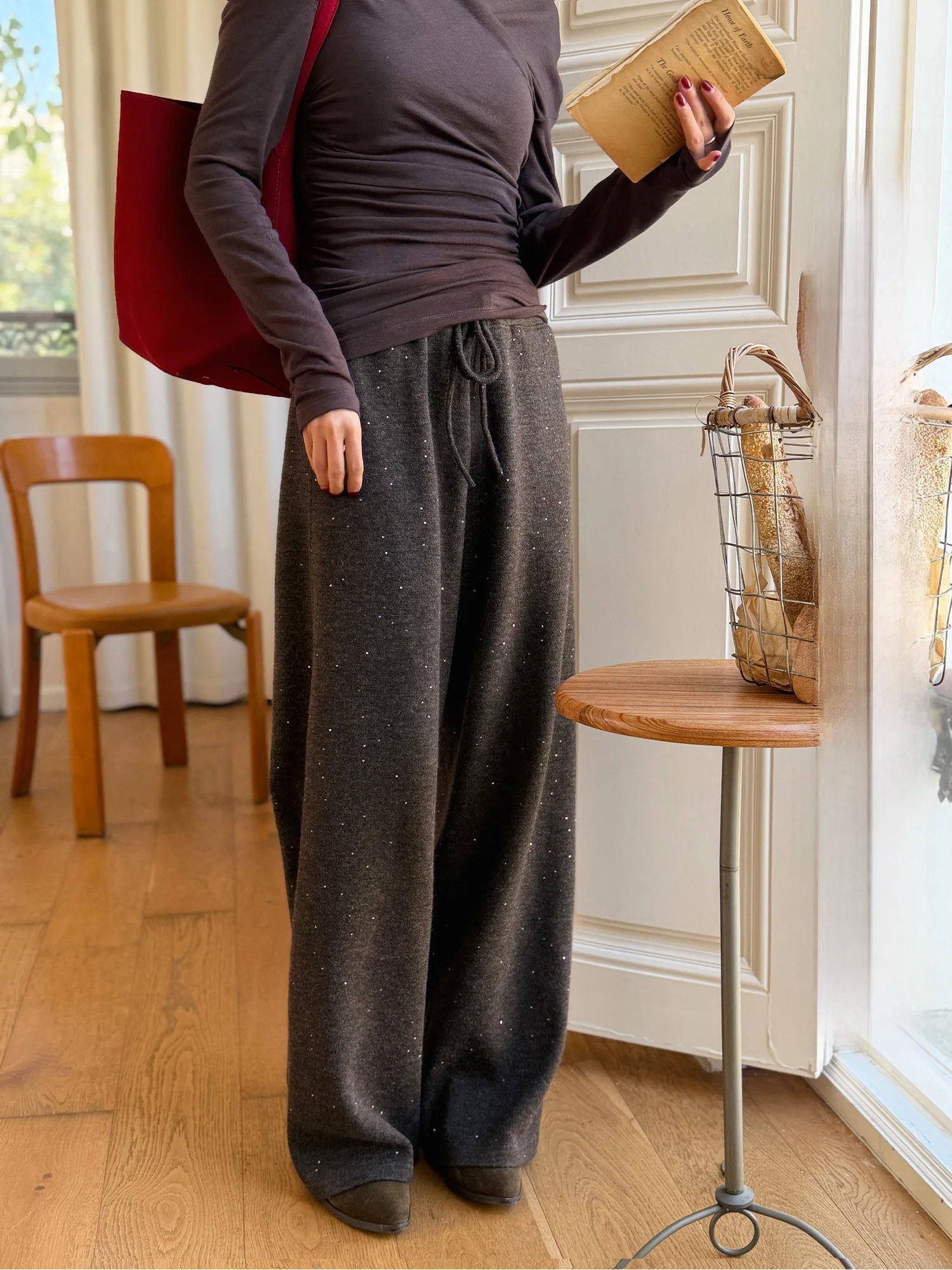 

Elwing Original Luxury Starry Knitted Wool Sequin Wide Leg Suit Pants Casual Straight Cut Trousers for Women