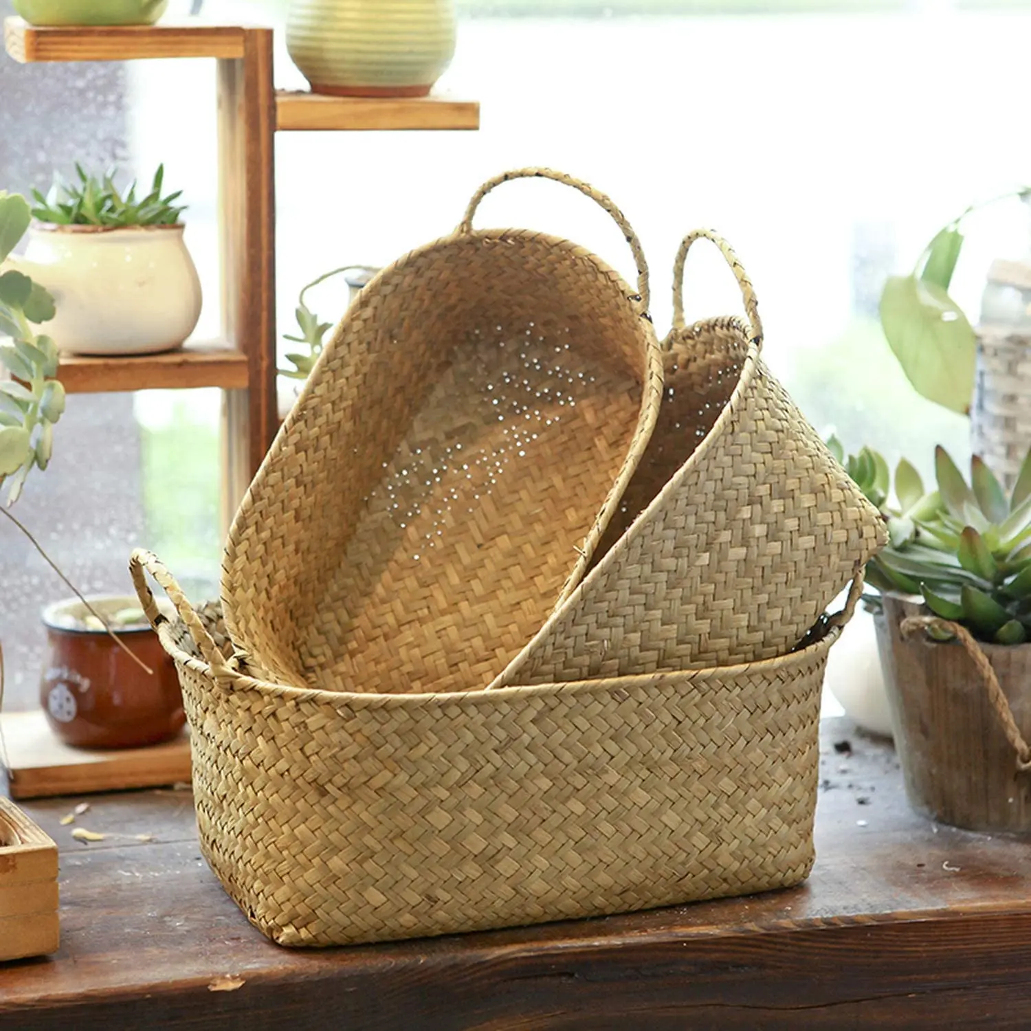 SPOR Handmade Woven Storage Basket Straw Food Container Makeup Organizer Rattan Breadfruit Case Holder(S,24X15X9cm)