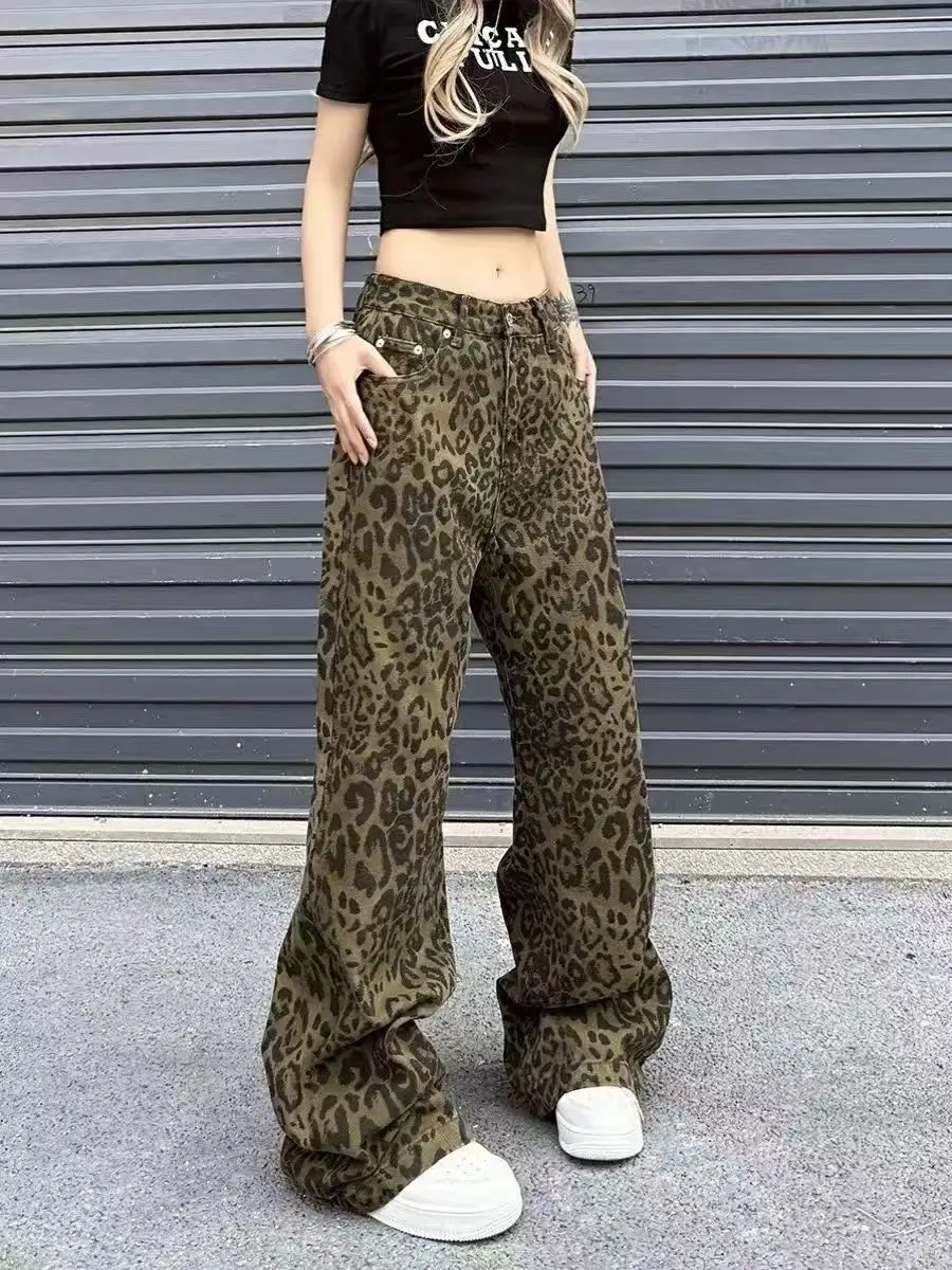 Frauen Denim Hosen Herbst Frühling Leopard Print Breite Bein Jeans Vintage-Mode Weibliche Hohe Taille Beiläufige Gerade Jeans Hosen