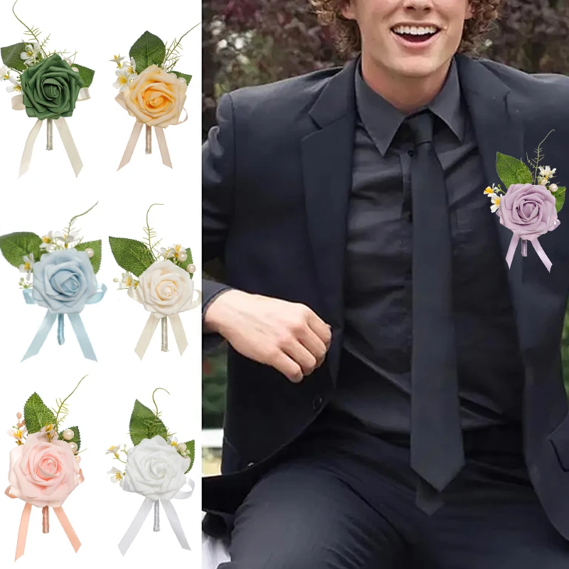 Groom Boutonnieres Flowers Artificial Rose Corsage Groomsmen Bridal Boutonniere Wedding Party Accessories Mens Suit Brooch Pin