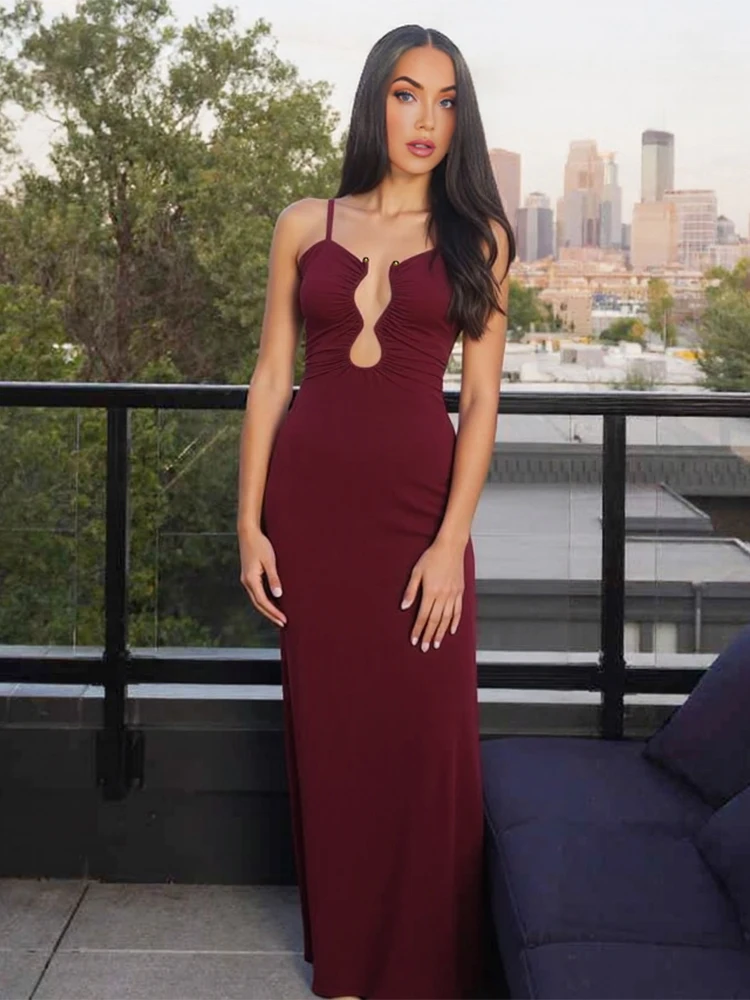 Nibber Metal Decoration Maxi Dress Women u-Neck Folds Backless Sleeveless Solid Elegant Prom Party Fashion Summer Chic Vestidos