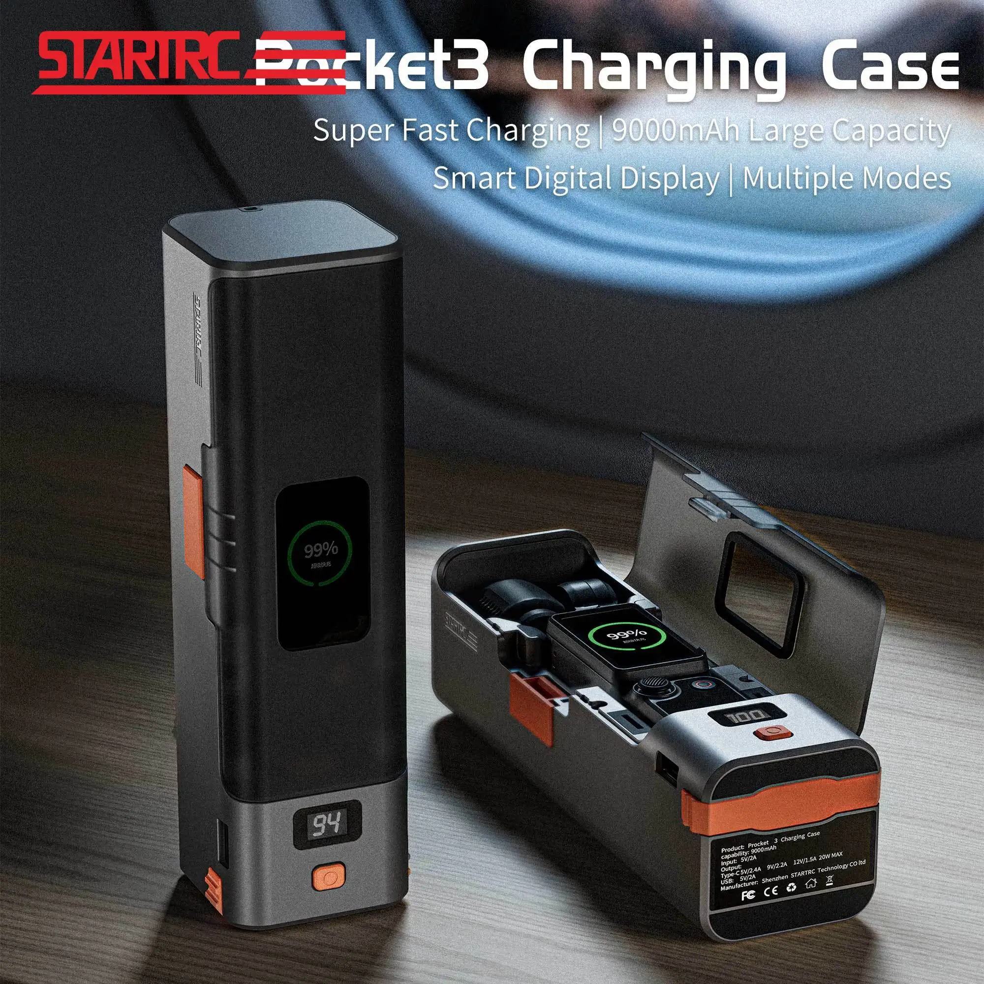 

STARTRC Pocket 3 Charging Case 9000mAh Power Bank Charger Super Fast Charging Smart Digital Display for DJI Pocket 3 Accessories
