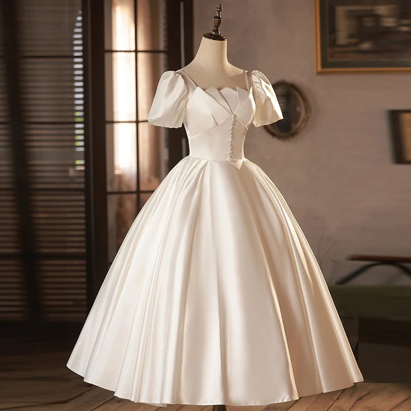 AnXin SH principessa bianco raso innamorato perline bottone una linea manica corta a sbuffo abito da sera personalizzato abitino bianco