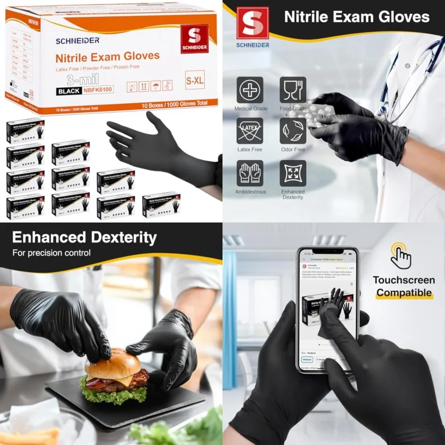 

Schneider Nitrile Exam Gloves, Black Latex Free Powder Free Disposable Gloves for Medical, Cooking, Cleaning, and Food Prep