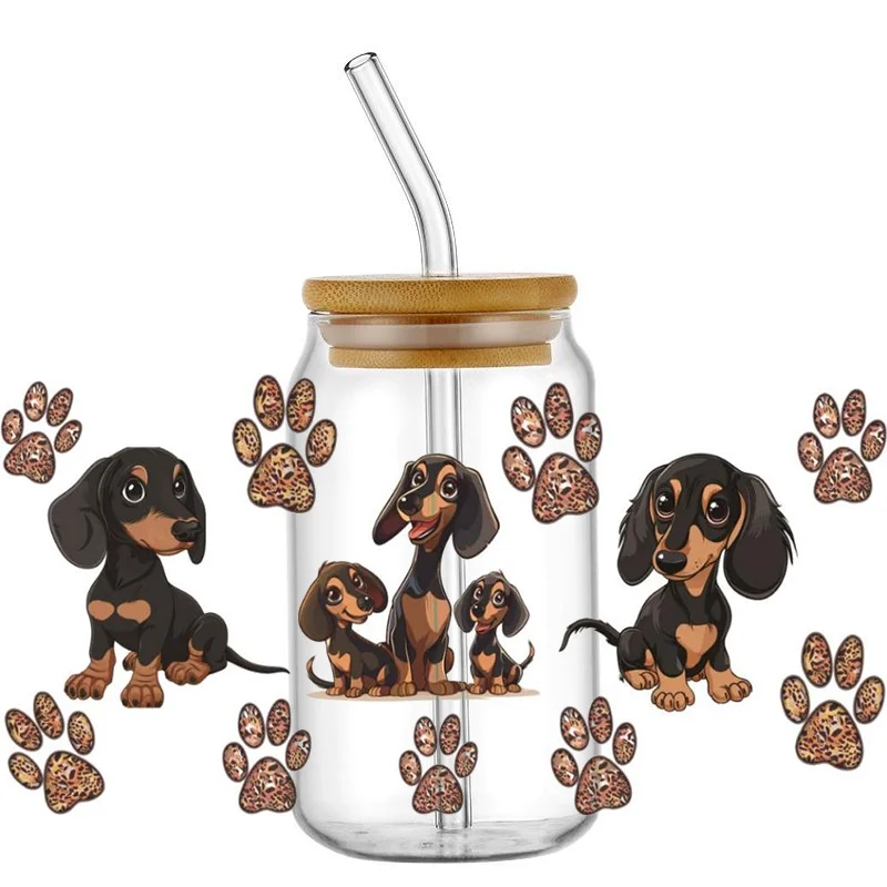 3D impermeabile UV DTF Cup Transfer Sticker Cute Dog Mug decalcomania fai da te per occhiali Libbey da 16 once