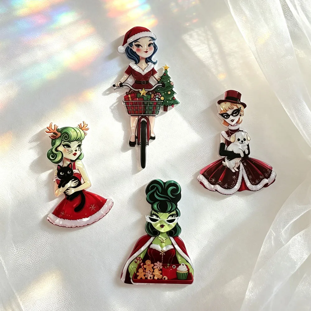 CINDY XIANG Vintage Christmas Lady Lapel Pin, Double Layer Acrylic Retro Xmas Girl Clothes Backpack Decor Badge
