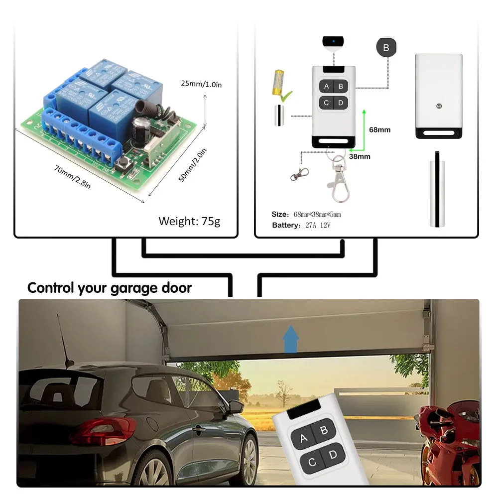 433Mhz RF bezprzewodowy przełącznik urządzenia domowego DC 12V odbiornik 4 kanałowy kontroler przekaźnika 10A i nadajnik do bramy mechanizm