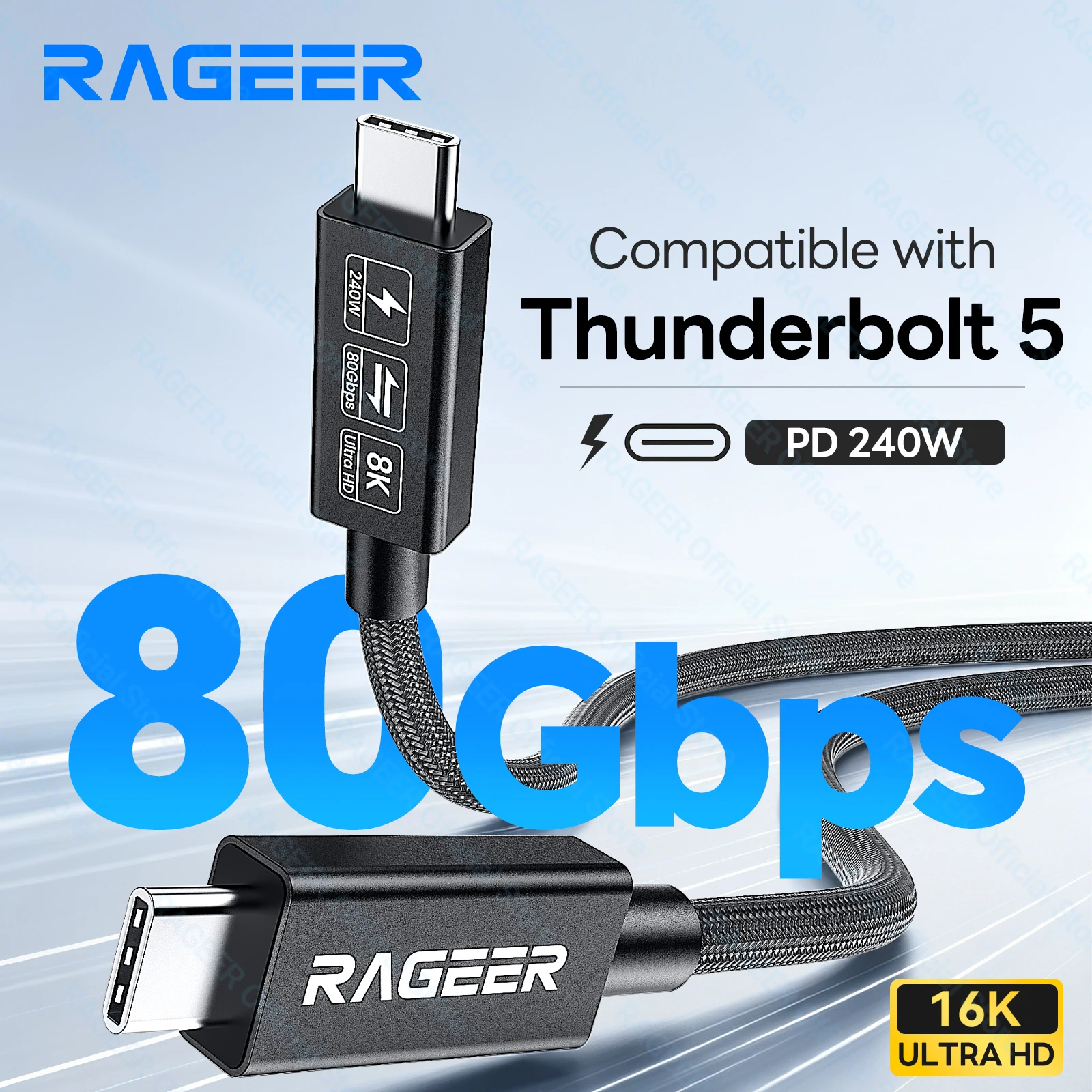 �y�Z�[�����zRAGEER Thunderbolt 5 �P�[�u�� 80Gbps Type C USB4 V2 E-Marker�`�b�v���� 16K/8K�r�f�I�Ή� PD240W DisplayPort 2.1 �i�C�����҂ݍ��݃P�[�u�� Mac�p