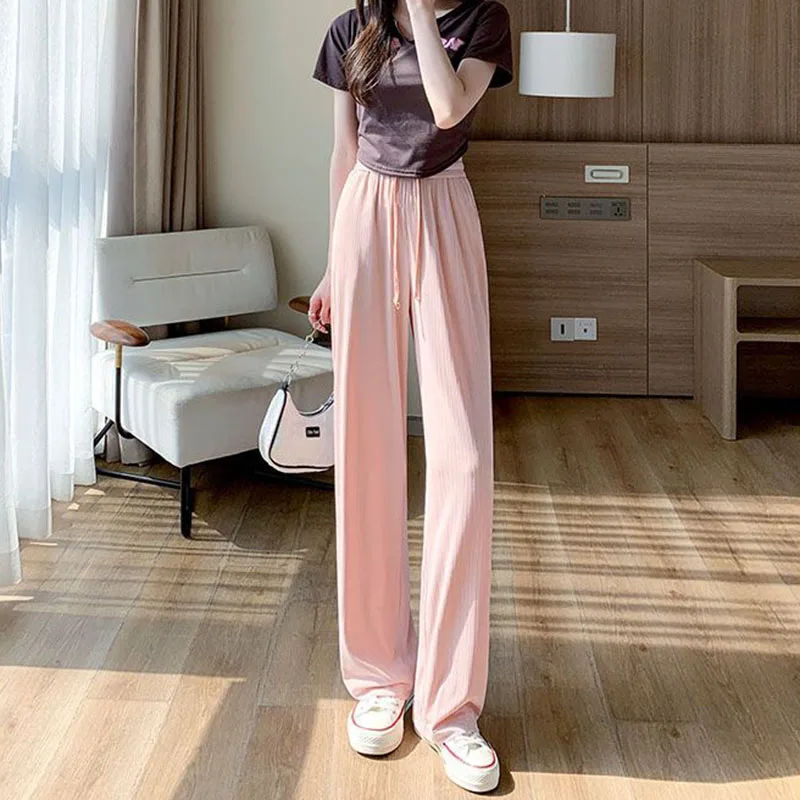 Summer Cool Ice Silk Straight Pants Women Fashion High Waist Wide Leg Trousers Female Solid Sagging Feeling Baggy Casual Pants