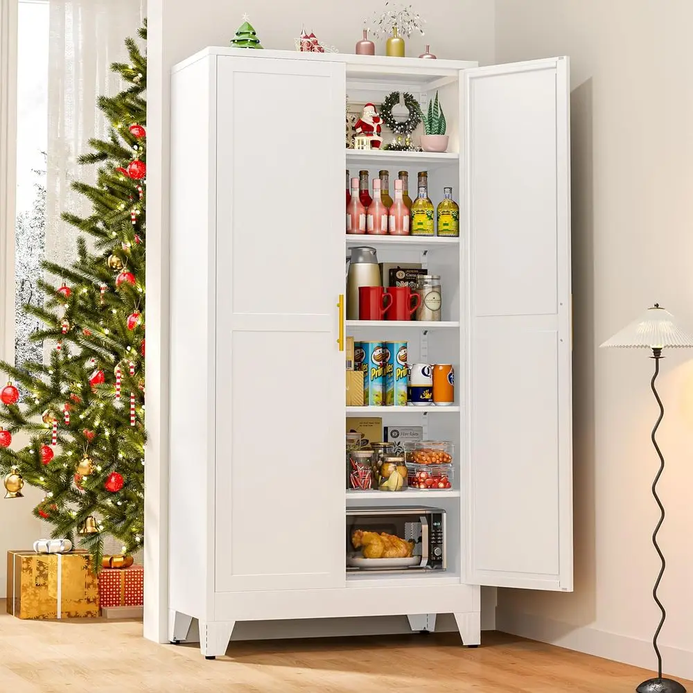 Tall Metal Kitchen Pantry Storage Cabinet with 2 Doand 5 Adjustable Shelves - 75.2
