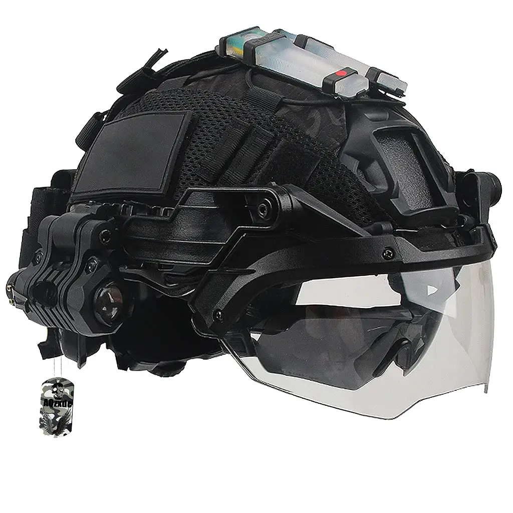 Fast Paintball Helmet, Tactical Protective Sets with Retractable Goggles & Military Flashlights & Signal Lights, for Paintball