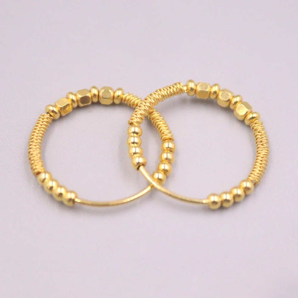 Real Pure 18K Yellow Gold Hoop Women Gift Lucky Square Round Beads Earrings 2.47g