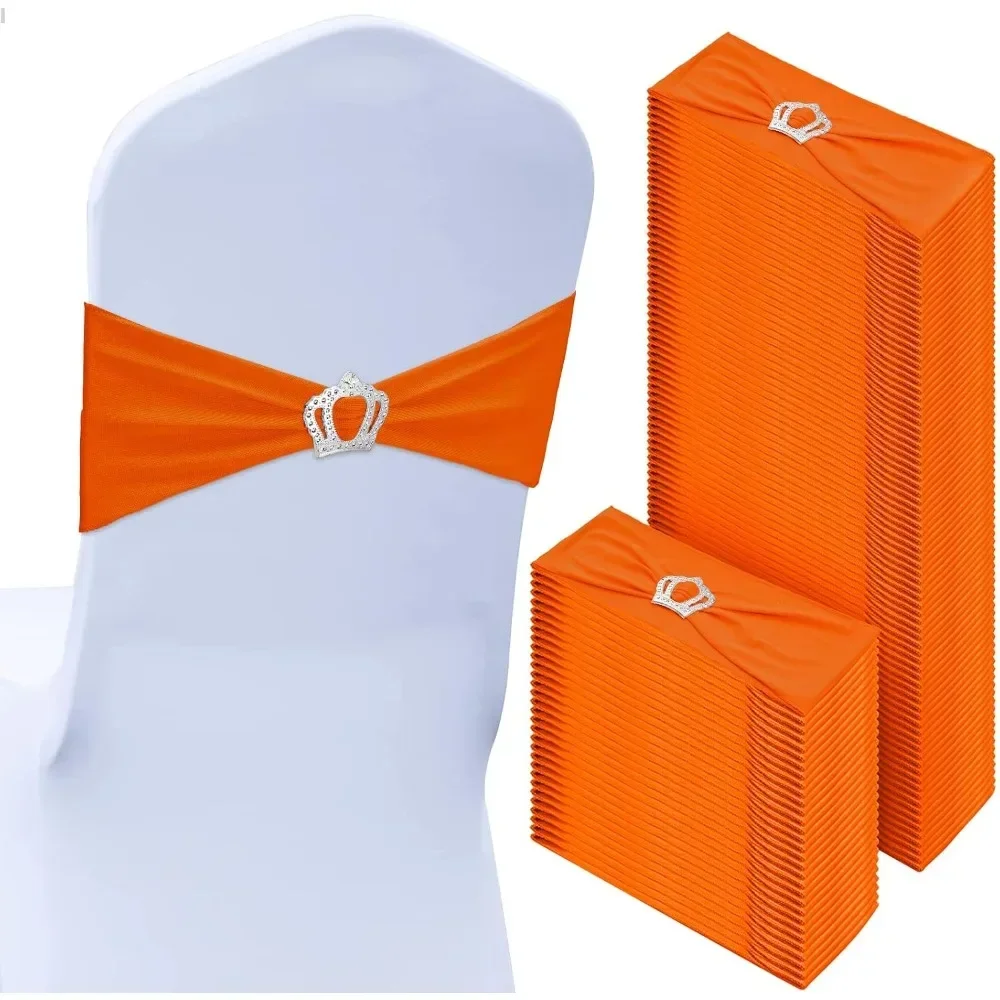 100 Pcs Spandex Chair Sashes with Crown Buckle, Orange Stretch Chair Bands Bows, Sashes for Chair Covers, for Wedding Party Reception, Baby Shower Birthday