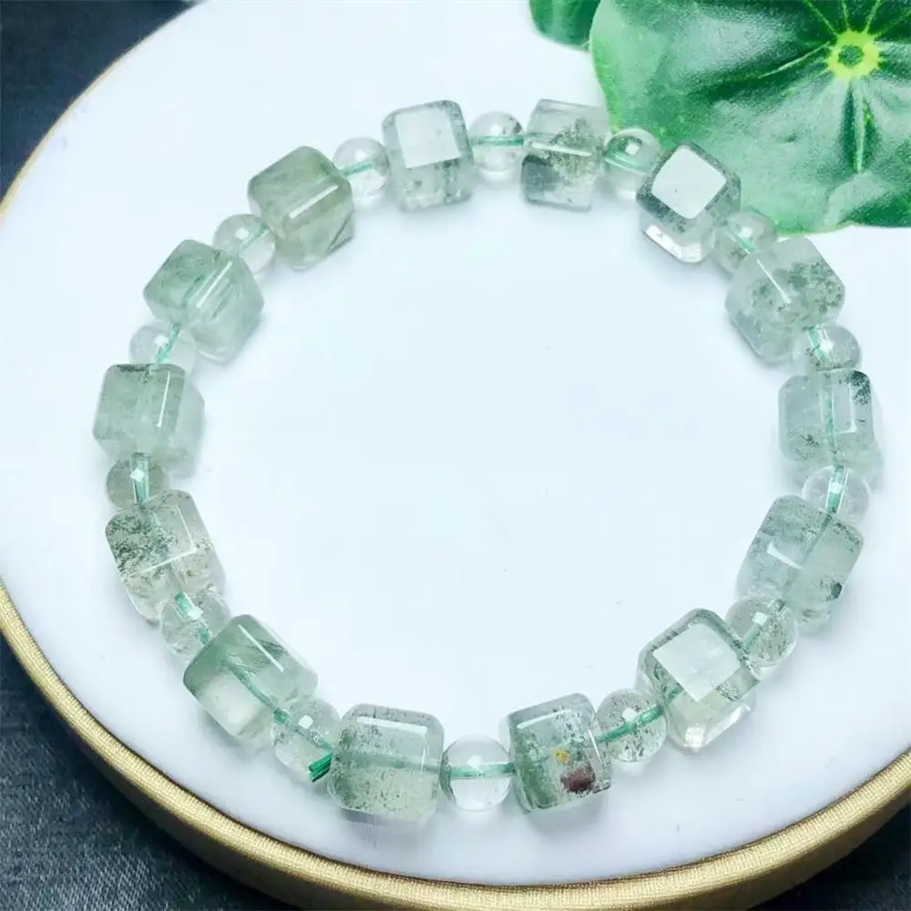 Natural Green Garden Quartz Cube Bracelet Women Charm Simple Circle Strand Bangles Yoga Energy Wrist Jewelry 1PCS 7/8MM