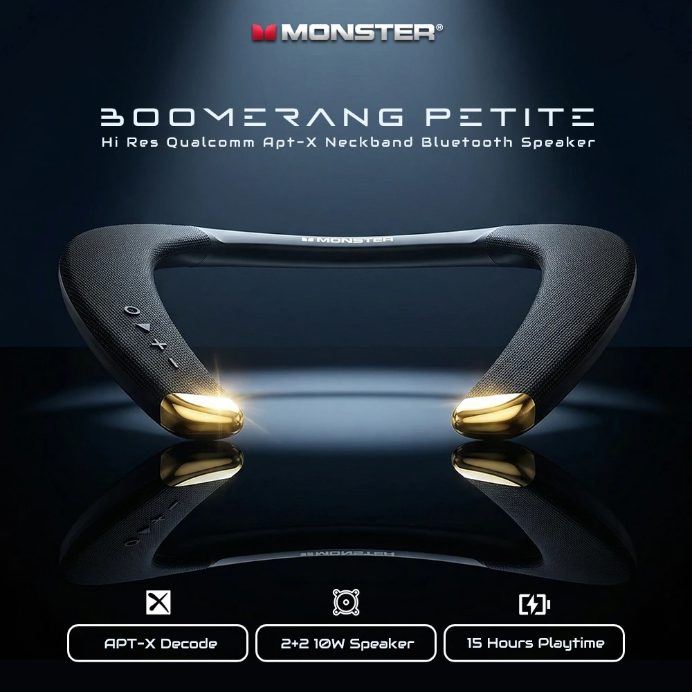 Monster Boomerang Kleiner Bluetooth-Nackenbügel-Lautsprecher Hi-Res Qualcomm APT-X Nackenlautsprecher IPX5 Kabellose Tragbare Lautsprecher mit Mikrofon