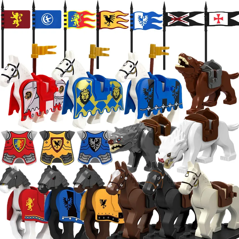 Military Building Blocks Medieval Solider Knights Equipments Mount War-Horse Wolf Flag Vests Shields Fiery Dragon Mini Blocks