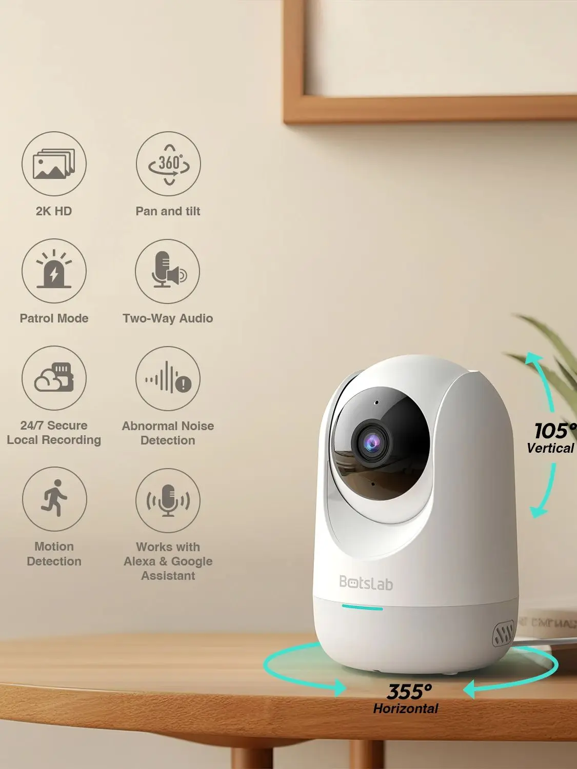 Botslab 2K 3MP Wifi PTZ 360° Smart Security Camera, Indoor Camera AI Human Detection Auto Tracking Night Vision