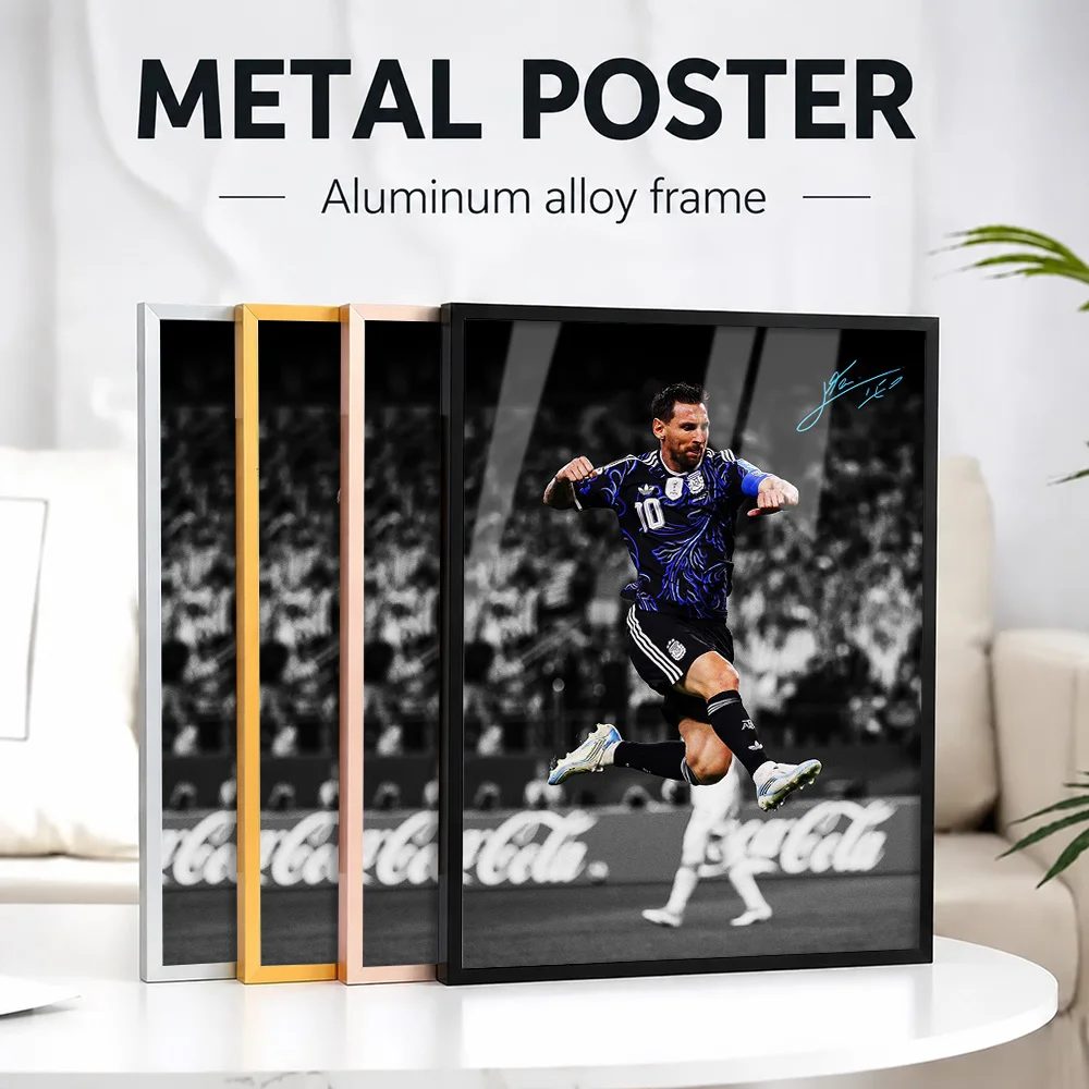 Lionel Messi Argentina Soccer Action Shot Framed Metal Print Customized Photo Energetic Graphic Style Wall Art For Sports Room