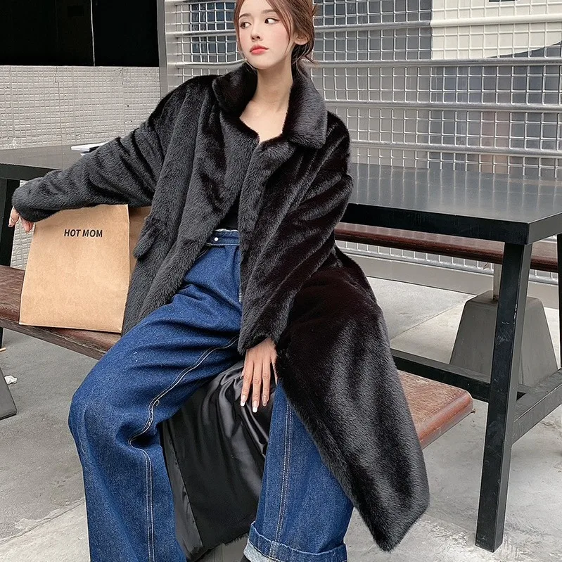 Faux Mink Fur Coats Women Long Fur Jackets Solid Lapel Collar Long Sleeves Open Stitch Thick Loose Fit Casual 2025 Autumn Winter
