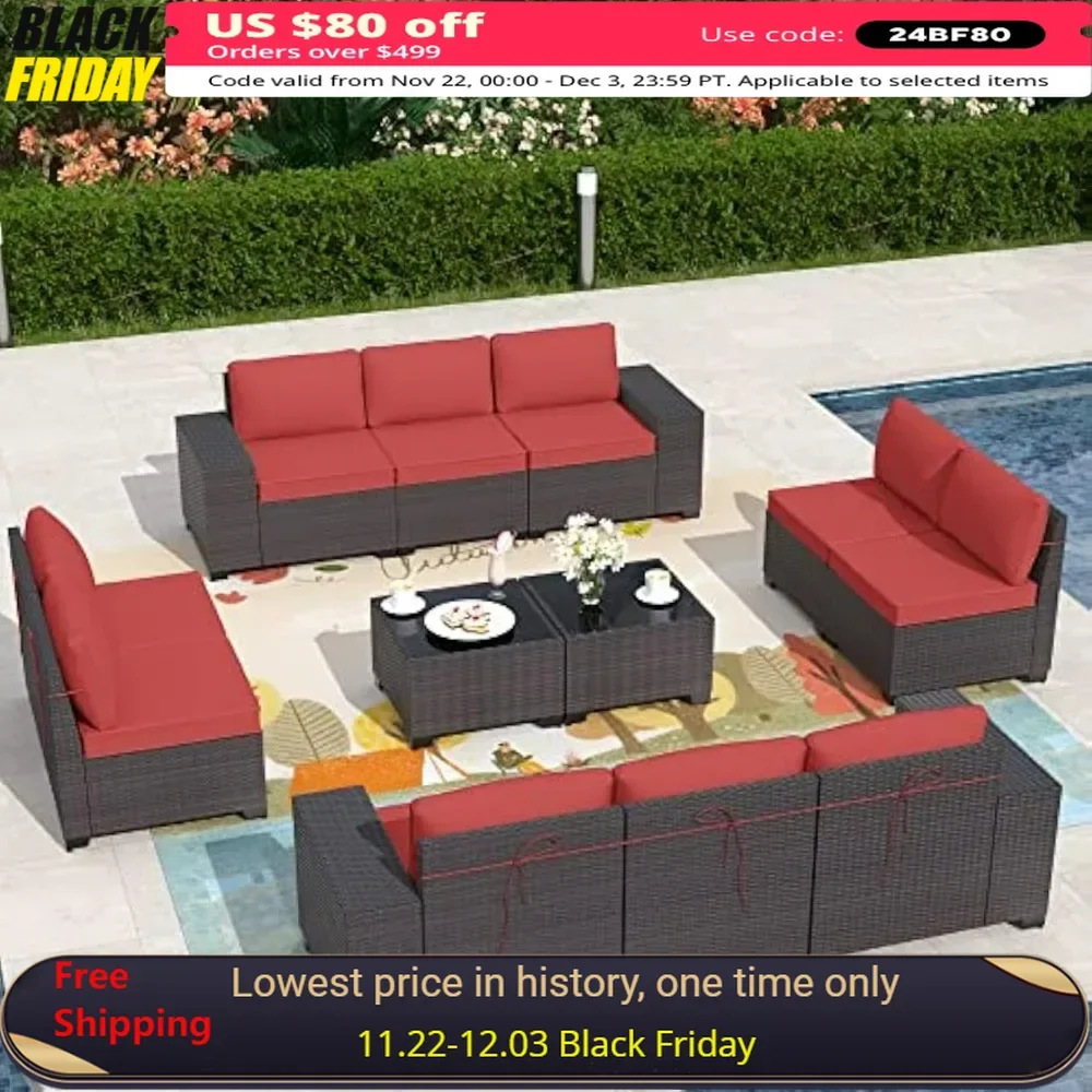 

12 Pieces Outdoor Patio Furniture Set Brown PE Rattan Patio Conversation Set w/10 Rose Red Seat Cushions and 2 Coffee Tables