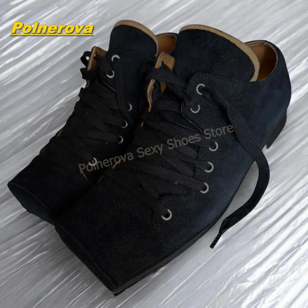 Black Canvas Lace Up Patchwork Pumps Square Toe Chunky Heels Safety Pin Accent Distressed Frayed Edge Retro Shoes 2026 New Style
