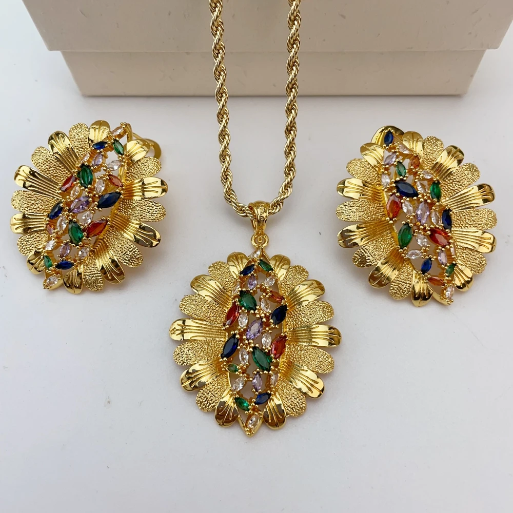 Yuminglai Dubai Gold Plated Jewelry Fine Jewelry Simple Pendant Earrings Set for Women FHK30044