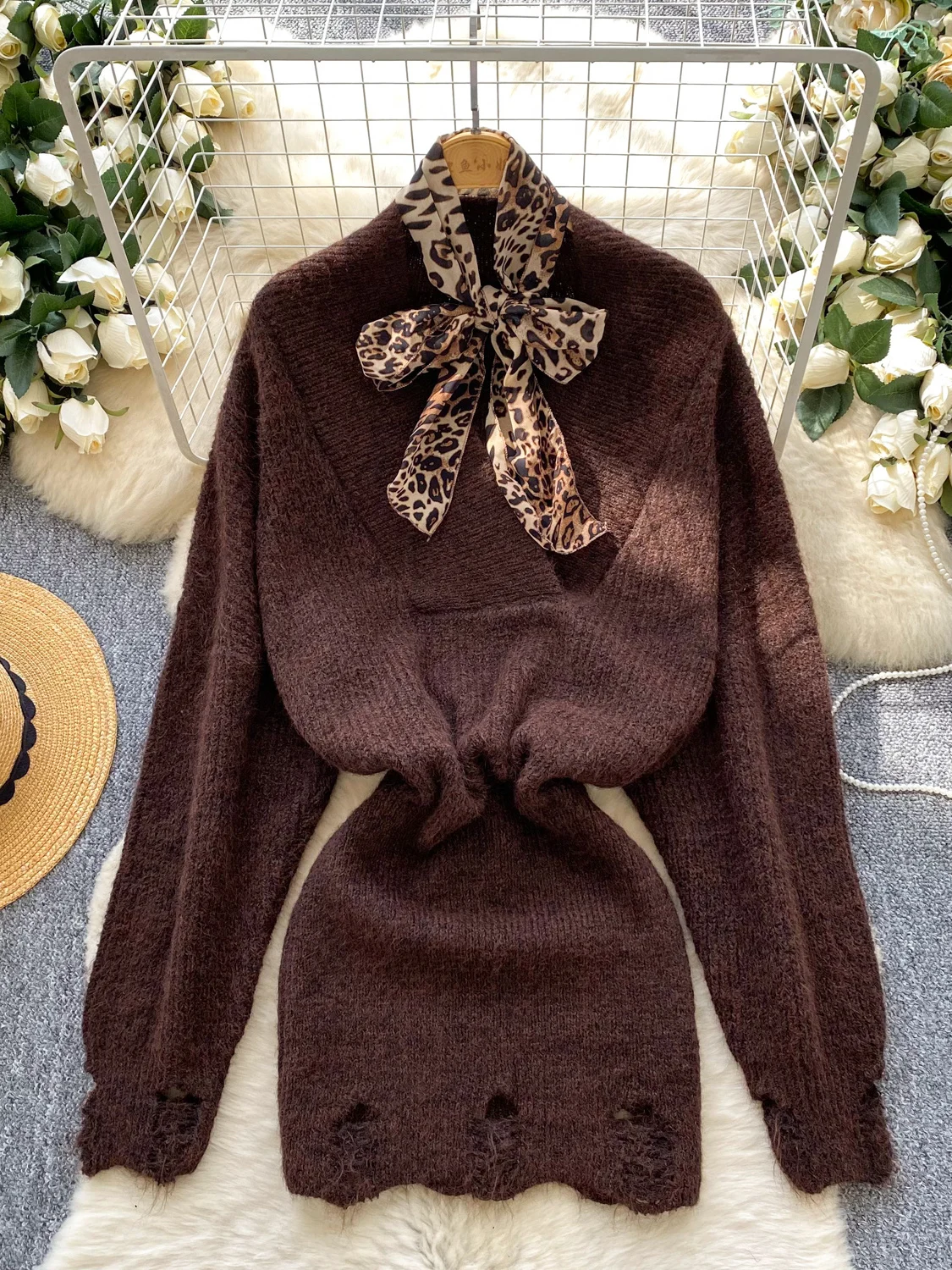 Pull moulant à la mode V-ne Long Sve Wrap taille Dr avec écharpe ensemble deux pièces taille haute ligne a trajet d'été coréen S...