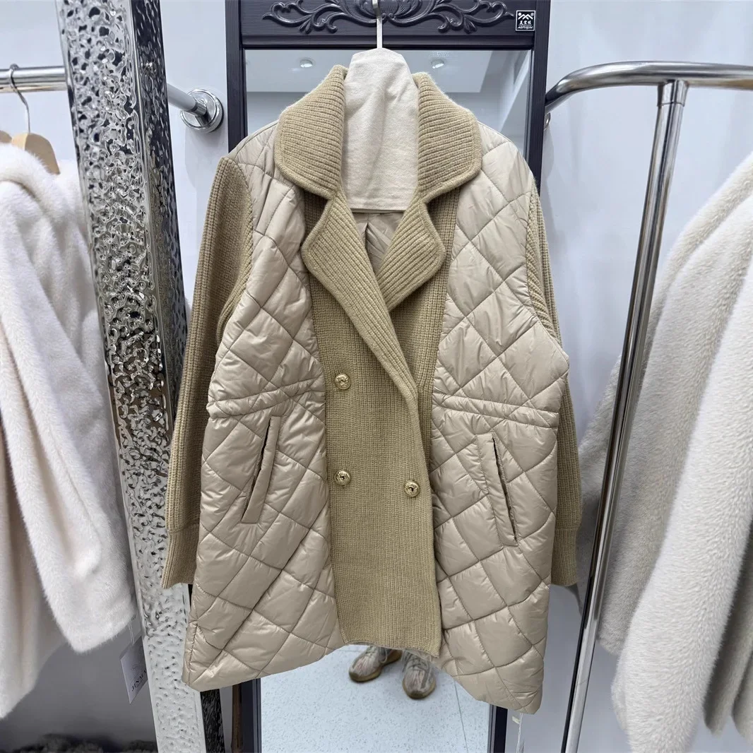 Autumn and Winter Fashion New Women's Down Cotton Jacket Commuter Knitted Splicing Suit Collar Cotton Jacket