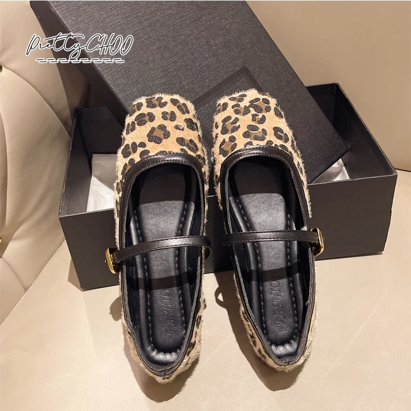 

Luxury Horse Hair Leopard Print Ballet Flats Woman Classic Gold Buckle Strap Mary Janes Ladies Casual Soft Sole Shallow Loafers