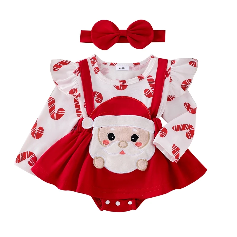 Baby Girl Holiday Outfit Ruffle Trim Patch Long Sleeve Romper Dress Bow Headband 2 Piece Set for Fall