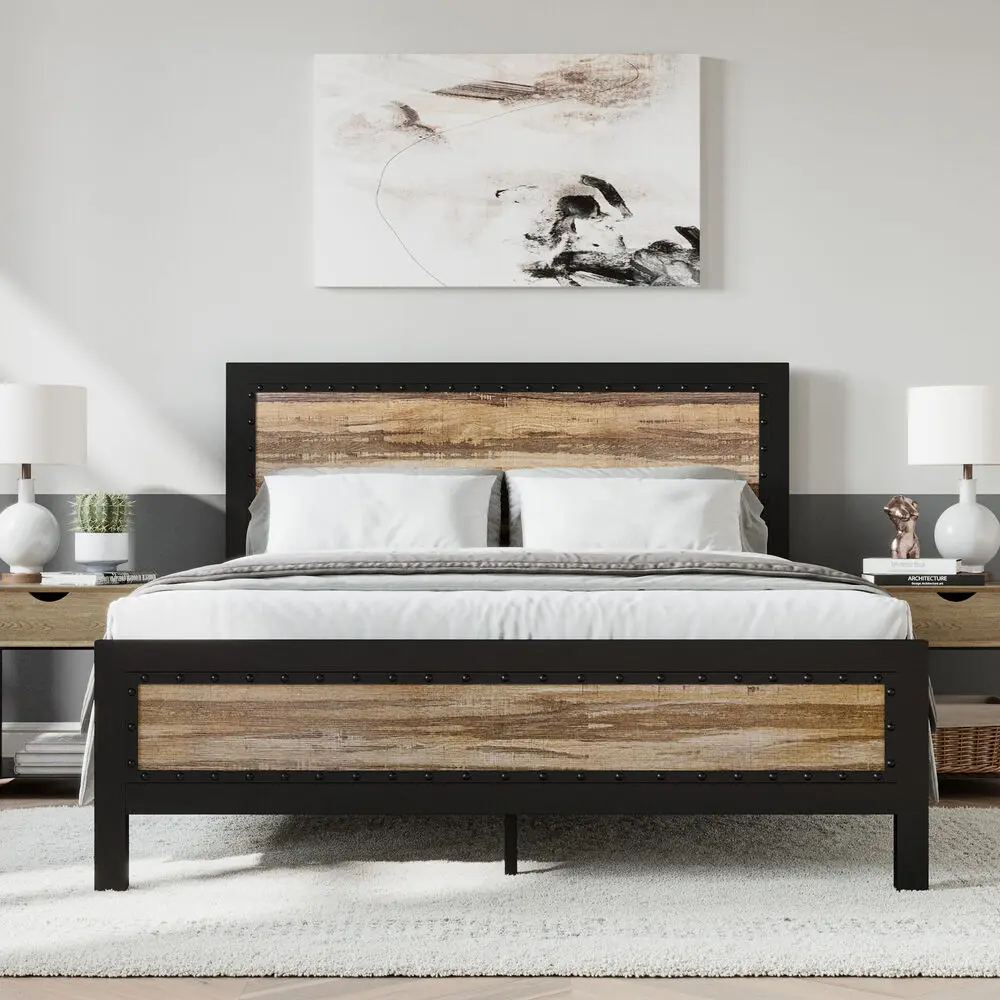 

Heavy Duty Full Size Bed Frame / Metal Platform Bed with Rivet Wooden Headboard