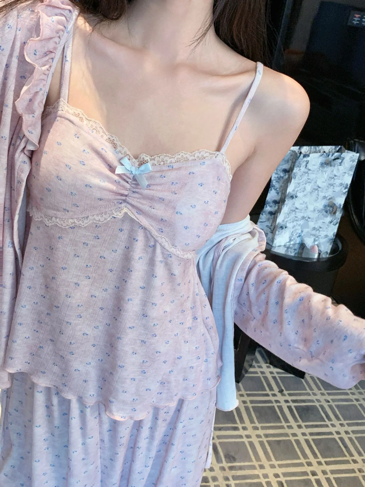 

3PCS Pajamas Bathrobe Set Spring Autumn Modal Sleepwear Sexy Floral Trouser Suits Loose Casual Home Clothes Loungewear