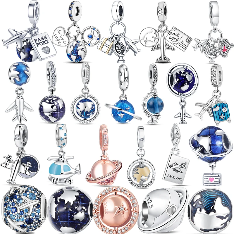 

925 Sterling Silver Blue Earth Globe Love Travel Aircraft Sparkling DIY Beads Fit Original Pandora Charms Bracelet Women Jewelry