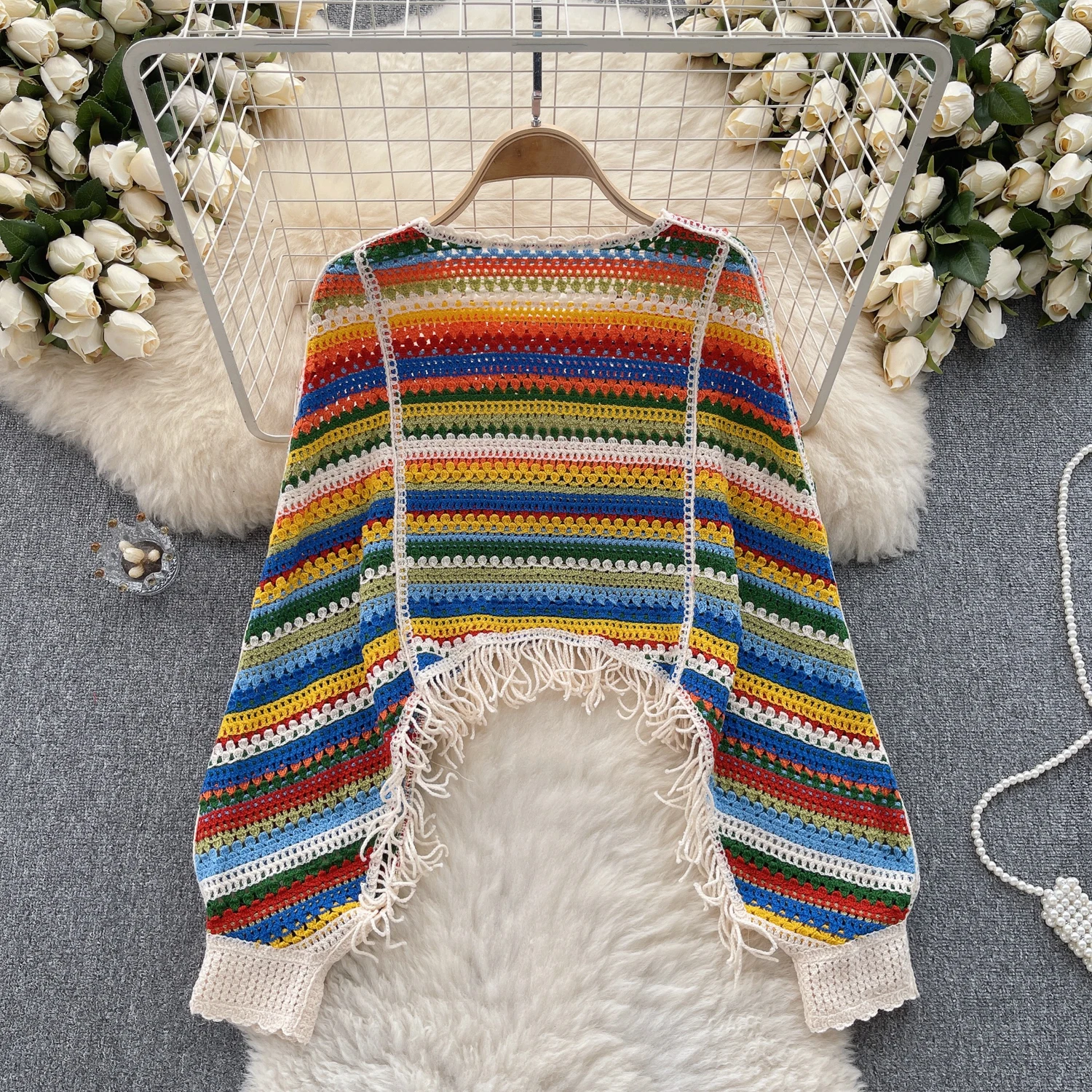 Chic Stripe Vintage Hollow Crochet Tassel Capes Blouse Long Sleeve Korean Fashion Tops Sexy Elegant Autumn Women Pullover Y2k