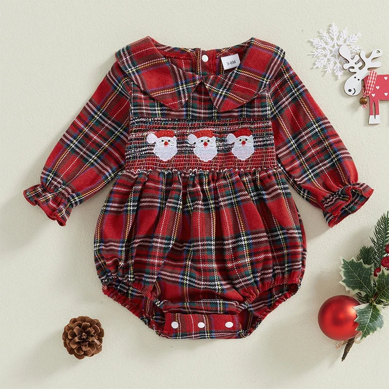 VISgogo 0-18 Months Baby Girls Christmas Jumpsuit Long Sleeve Doll Collar Santa Claus Embroidery Plaid Romper Fall Clothes