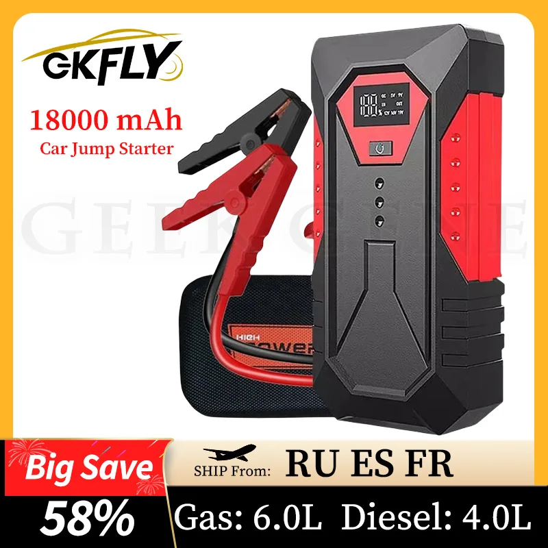 GKFLY 12V Portable Car Jump Starter 18000mAh Power Bank Car Battery Booster Car Starting Device for Petrol 6.0L Diesel 4.0L