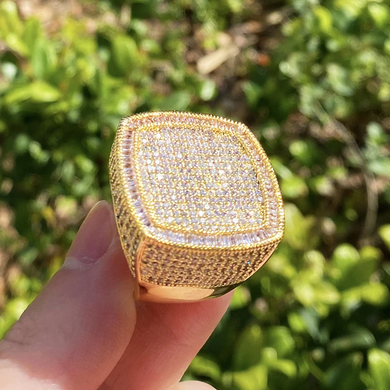 Hip Hop 5A+ Cubic Zirconia Paved Bling Ice Out Big Square CZ Ring Men Signet Rings Male Rapper Jewelry Gold Silver Color