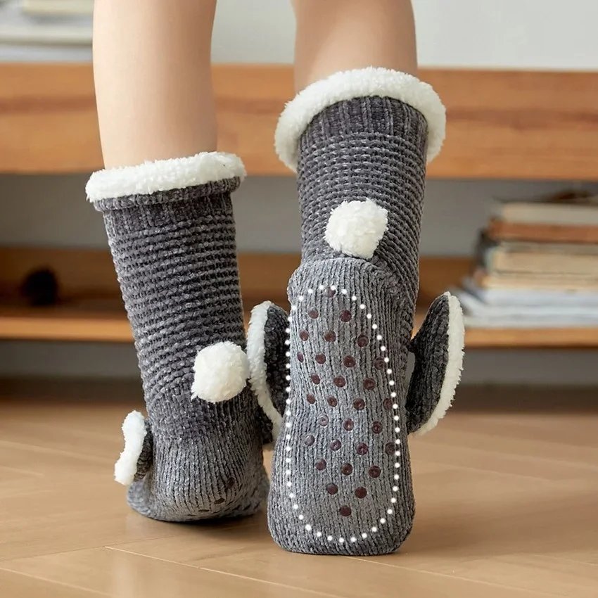 Fuzzy Slippers Socks thermal Women Winter Warm Plush Non Slip Grip Soft Female Rabbit Ear 3D Kawaii Funny Fluffy Floor Sock