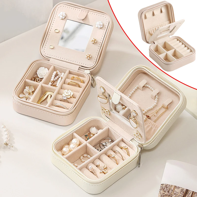 

Jewelry Storage Box with Mirror Leather Storage Organizer Portable Travel Jewelry Case Boxes Locket Necklace Earring Ring Holder