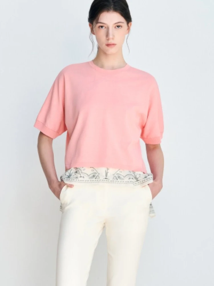 

Casual Loose round Neck Short Sleeve Knitted Shirt Korean Style Fashionable Summer New Arrival Slimming Effect Daily Wear